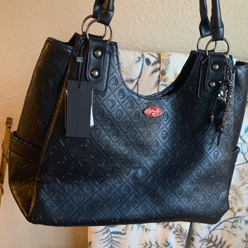 Ed Hardy Black Satchel Handbag Tote Skull & Heart Embossed Grunge Goth & bag tag